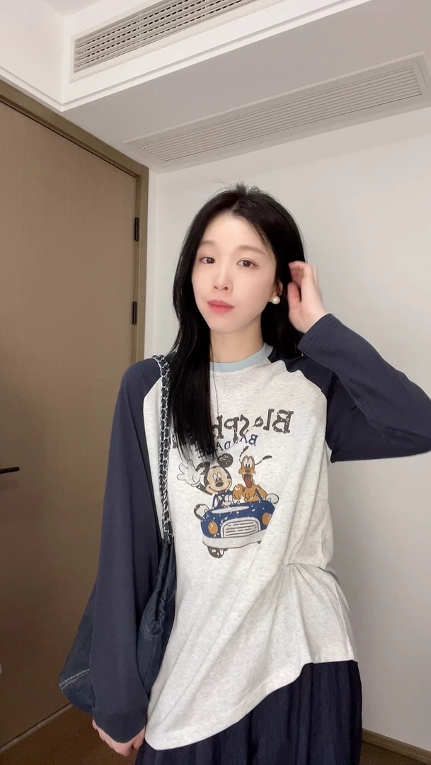 米奇T恤插肩袖长袖雪花棉卡通宽松大版长款休闲防晒