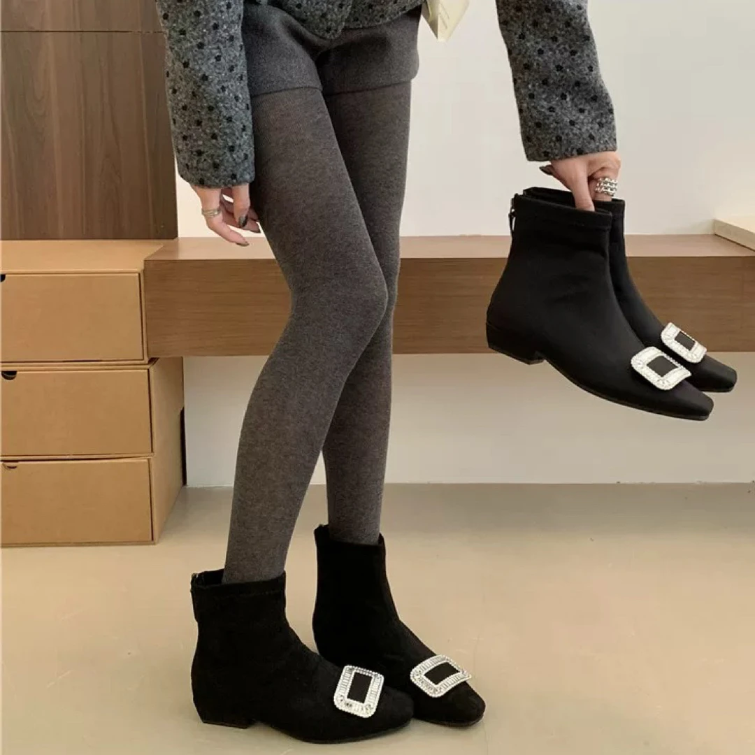 NISAILILA 韩系轻奢水钻方扣绒面粗跟瘦瘦靴子加绒弹力袜靴