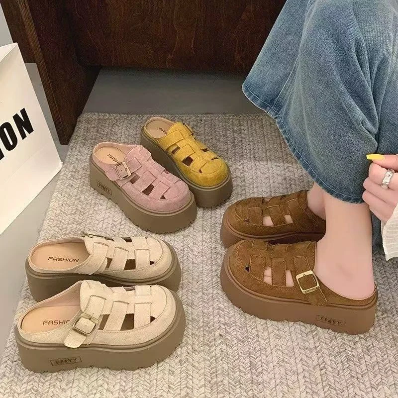 欧若风糖果色厚底增高7cm玛丽珍罗马包头拖鞋2025夏季沙滩鞋