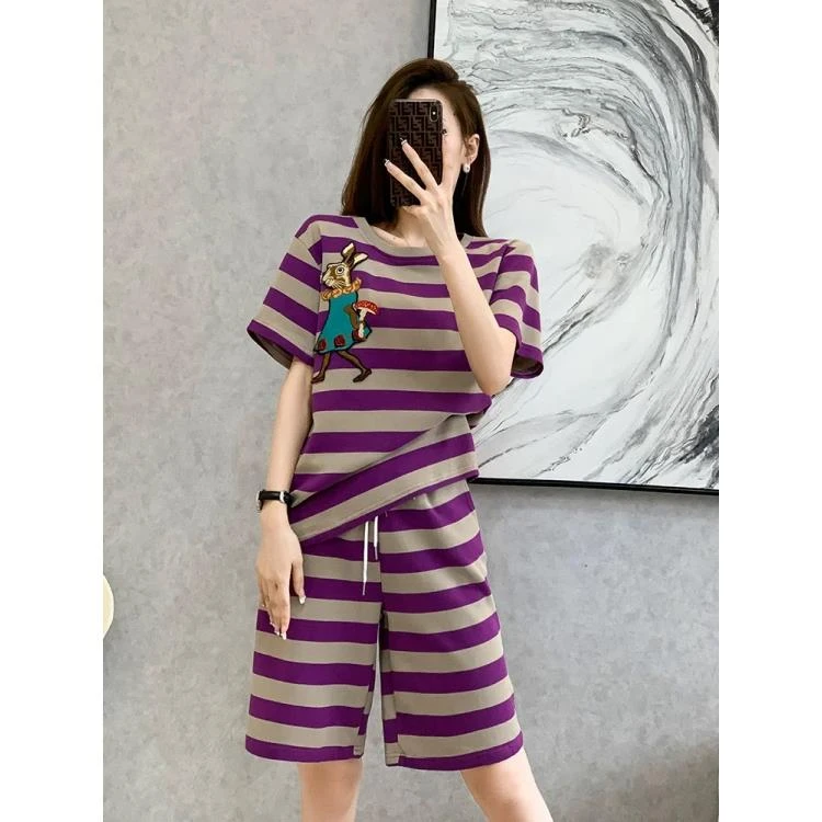 睡衣女夏款纯棉短袖短裤休闲时尚可外穿家居服套装（港风条纹）