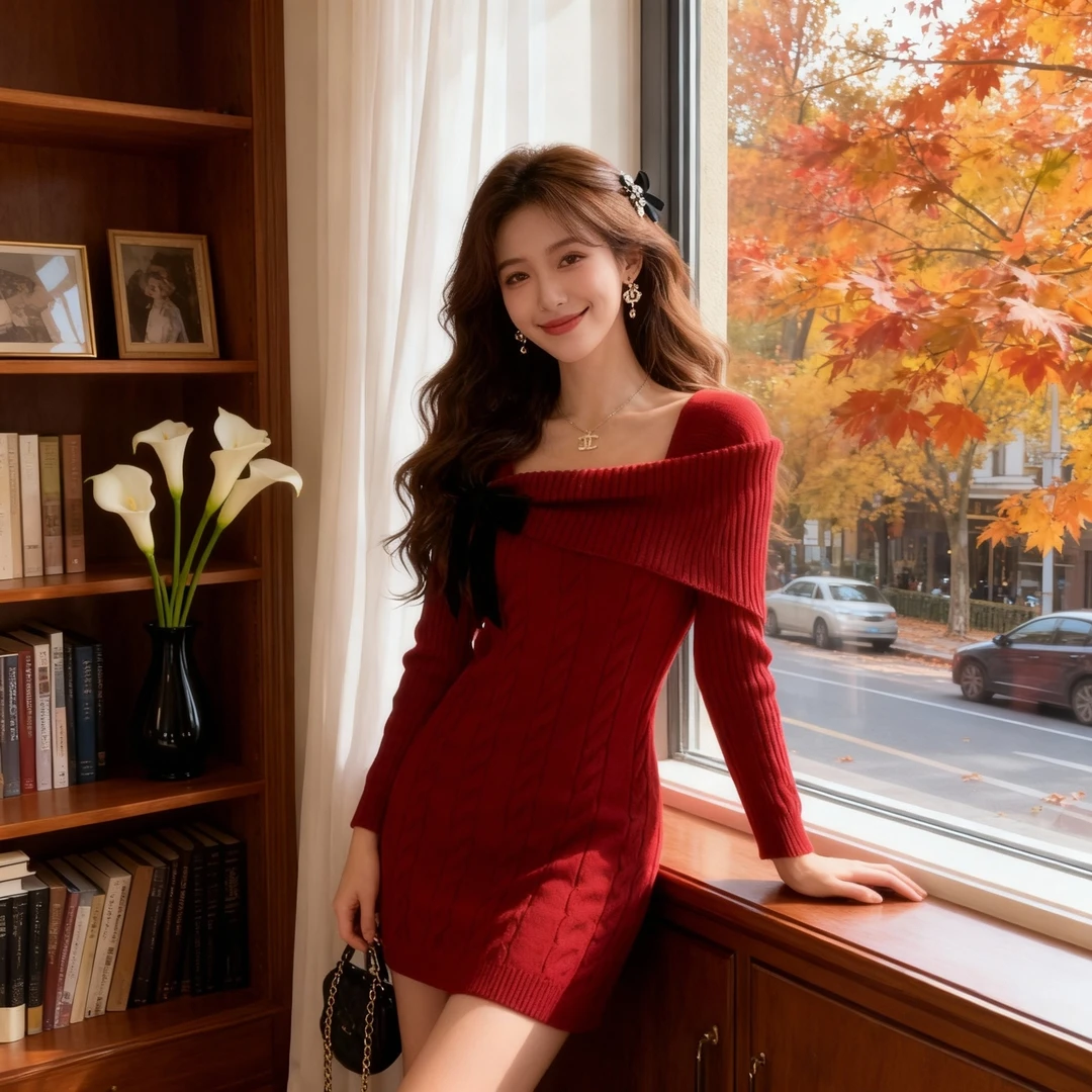 韩国圣诞节红色一字领露肩蝴蝶结针织毛衣连衣裙秋冬小个子打底裙