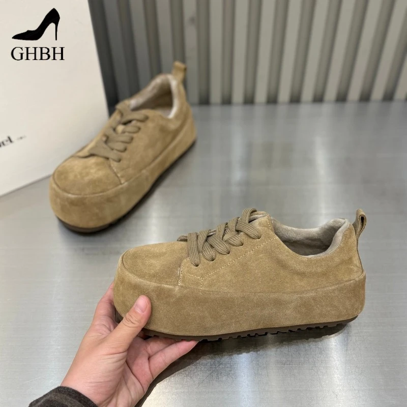 增高小个子秋季新款女复古时尚欧美鞋运动反毛皮低帮加绒板鞋