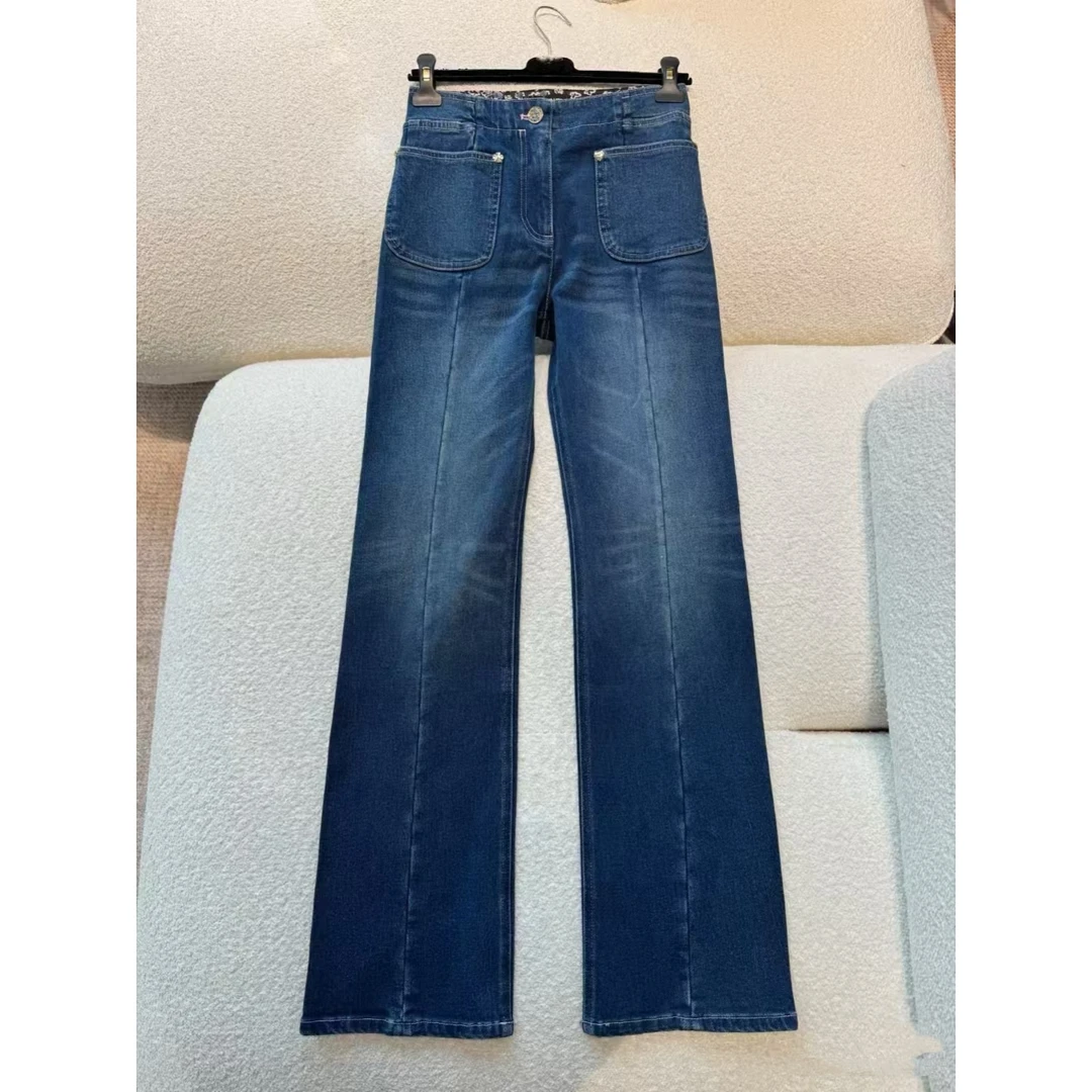9252#复古高腰印花内里 直筒牛仔女裤