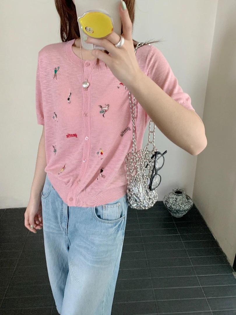 【DUODUO 839902】夏季新款开衫短袖外搭针织女宽松针织衫