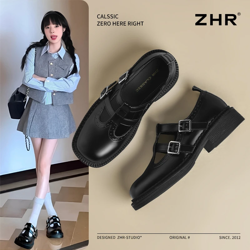ZHR/则则复古玛丽珍鞋女镂空学院风制服JK鞋粗跟百搭英伦风小皮鞋