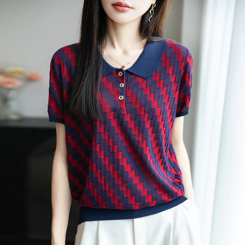 哥弟阿玛施官方新款老钱风翻领格纹撞色针织衫时尚洋气短袖上衣女