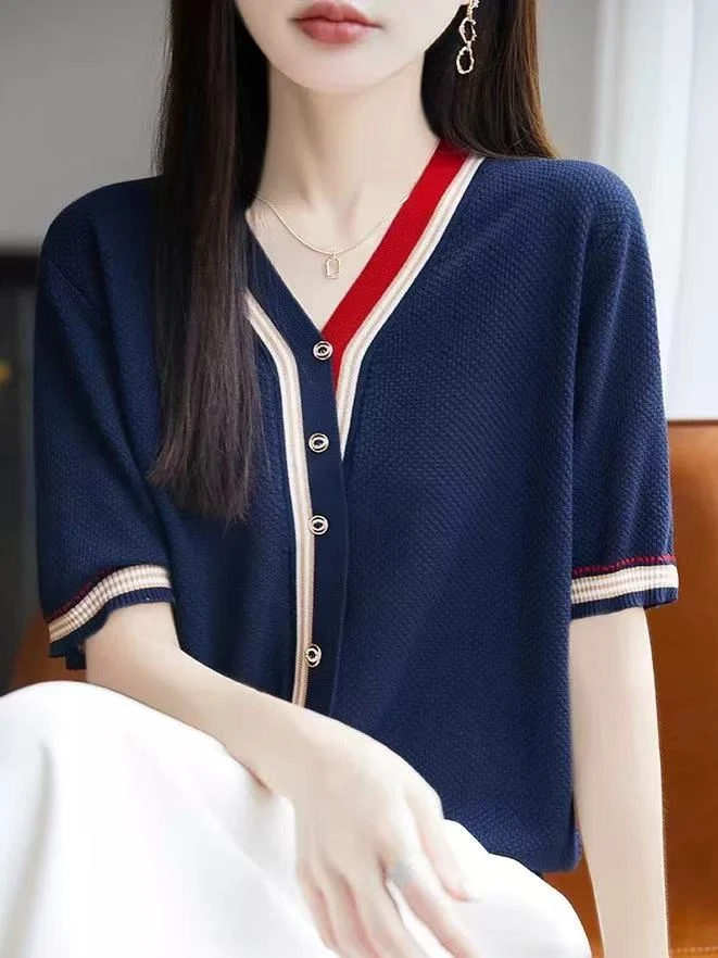 夏季女款V领撞色时尚百搭短袖针织衫 708