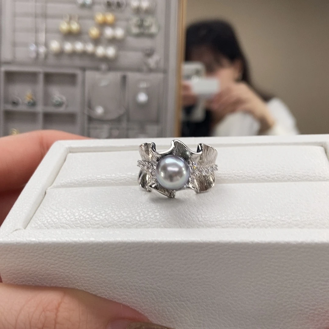海水珍珠戒圈银S925镶嵌大溪地黑珍珠铂金灰