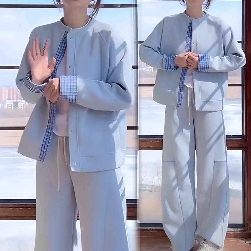 运动休闲格子拼接外套阔腿裤套装女2026春秋新款时尚显瘦两件套