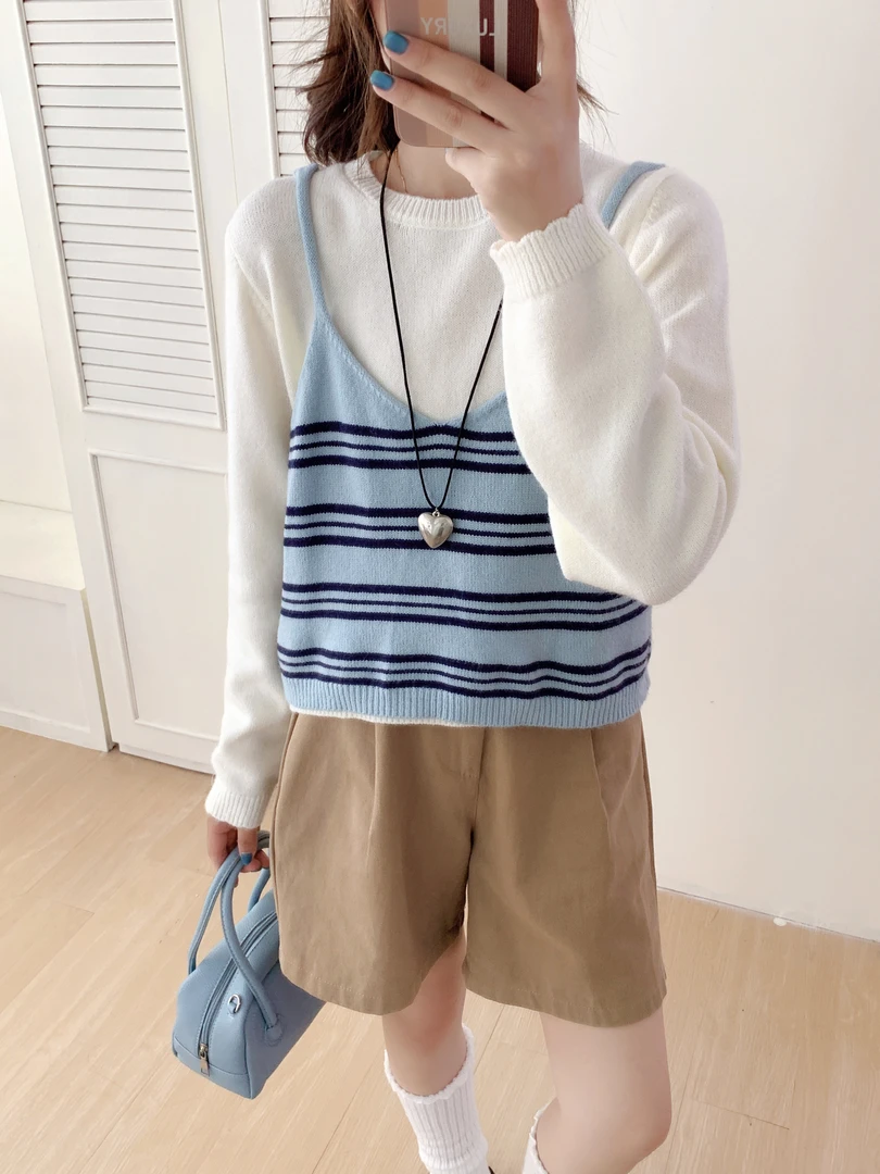 休闲风可爱时尚外穿两件套背心秋装长袖2025新款上衣条纹品质女装
