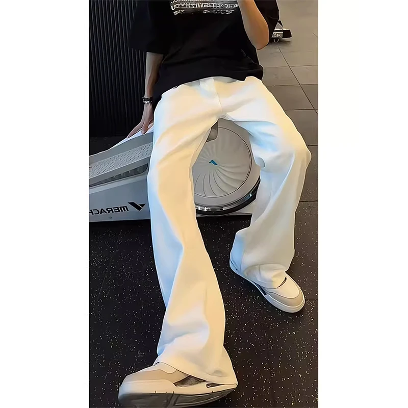 白色牛仔裤男夏季美式高街微喇裤子潮牌cleanfit宽松阔腿直筒长裤