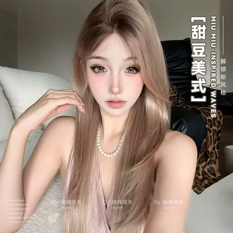 麻辣周末-【甜豆美式】假发女中分前额蕾丝自然发根染高层次长直发