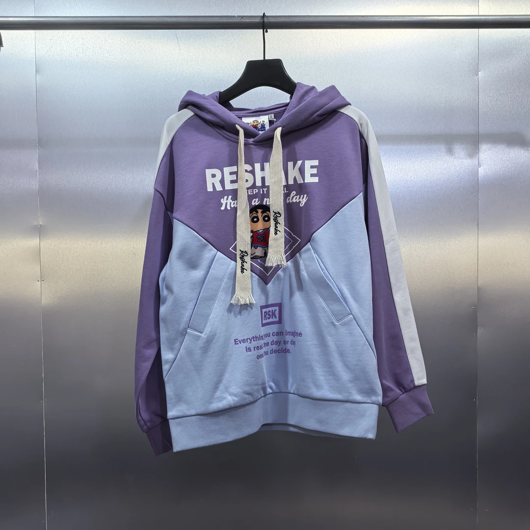 C04-120255-RES春秋款时尚拼接篮球小新印花宽松百搭连帽卫衣