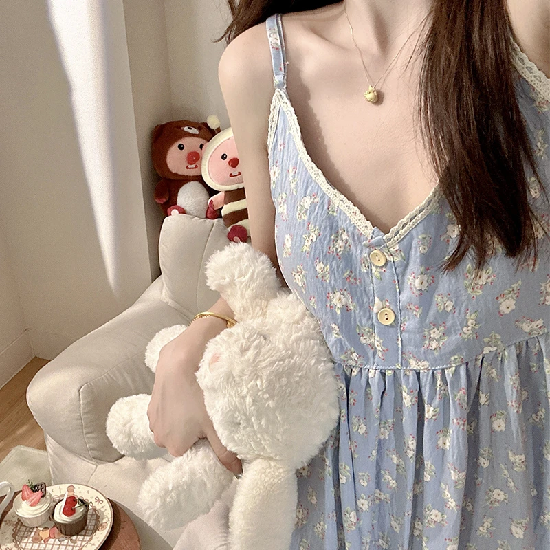 蓝星花吊带裙睡裙夏季少女款吊带胸垫卡通睡衣夏天甜美可爱家居服