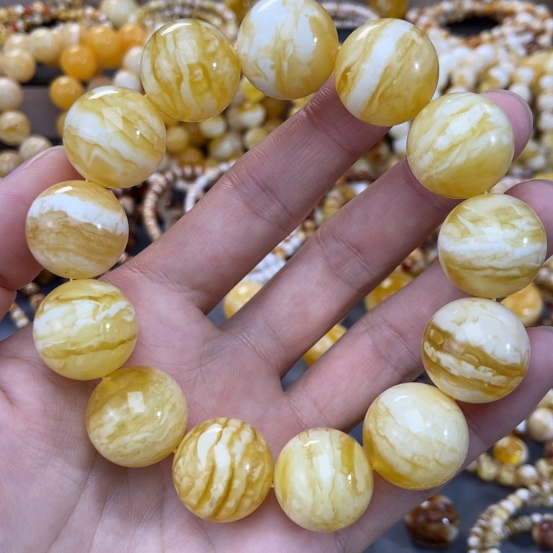 琥珀未镶嵌手链19+mm瓷白虎皮纹手串