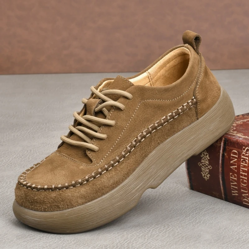 原创新款低帮复古大头皮鞋男透气系带厚底真皮时尚百搭休闲潮男鞋