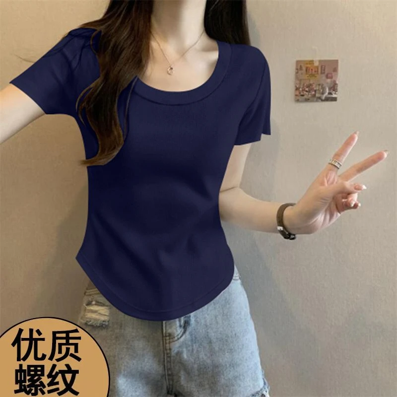 2025夏季女士修身圆领不规则上衣简约易搭配纯色透气短袖螺纹恤