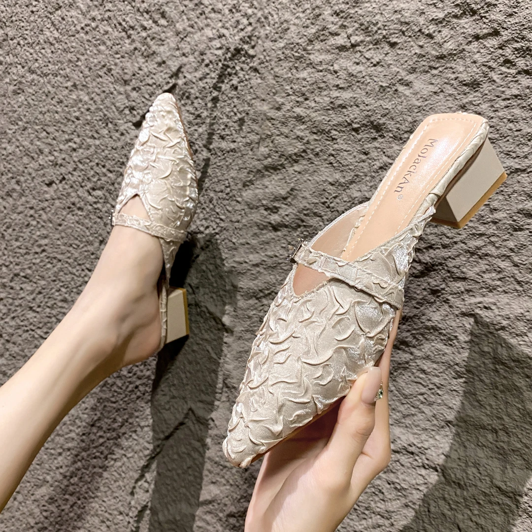 国风中式小香风粗跟包头半拖鞋女2025春夏季新款配裙子高跟穆勒鞋