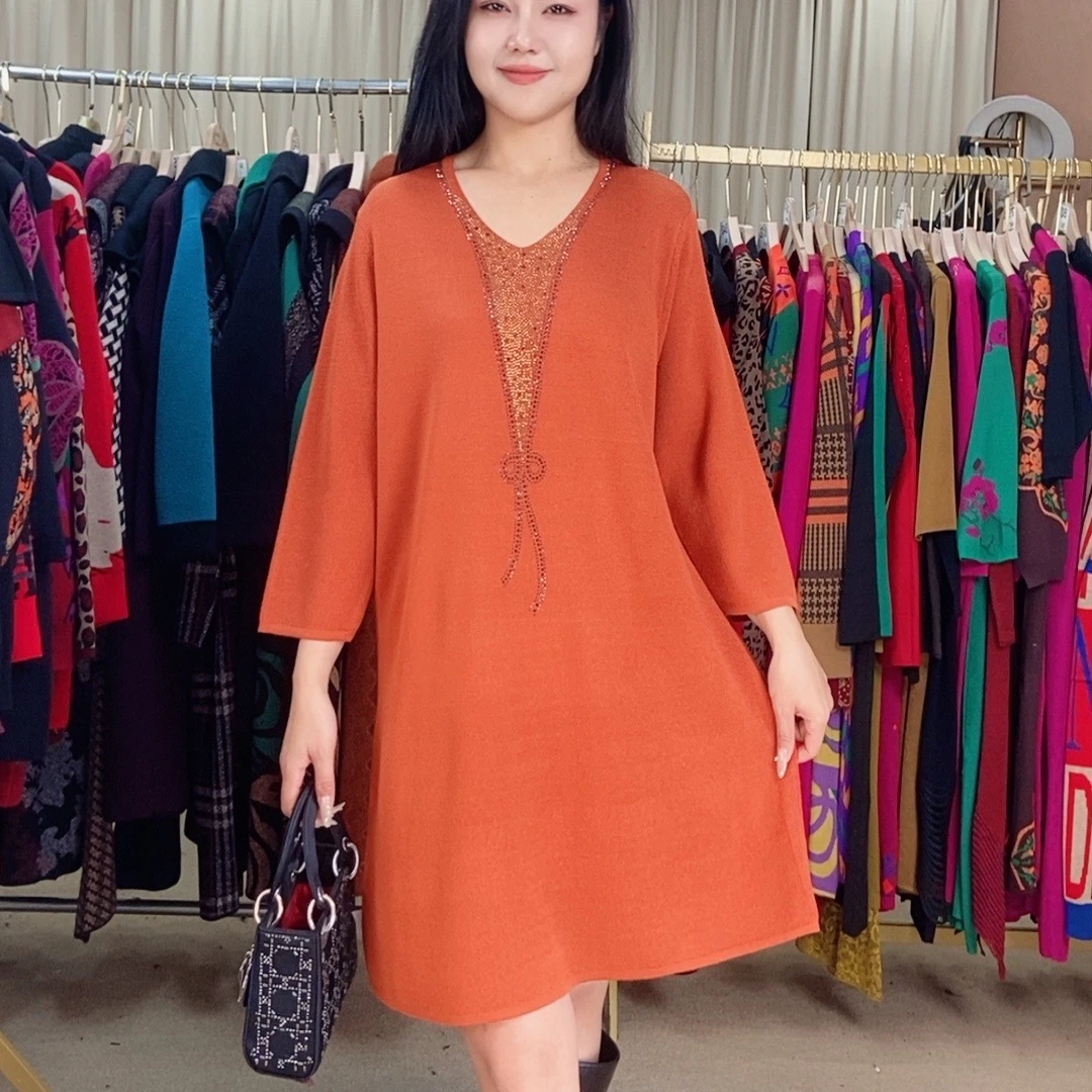 春季新款时尚提花宽松中长款百搭圆领连衣裙妈妈装显瘦优雅气质风