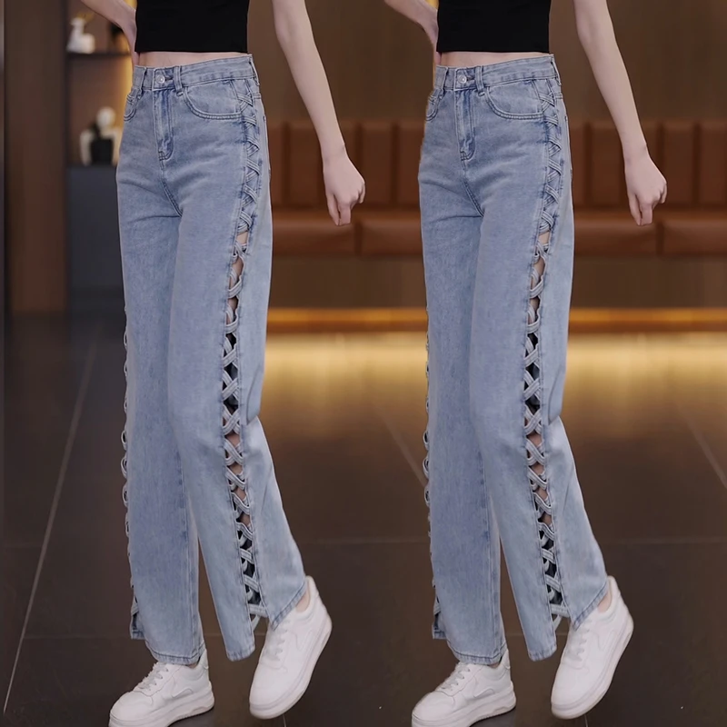 侧边镂空牛仔裤女春夏季简约洋气时髦破洞时尚显瘦百搭新款牛仔裤