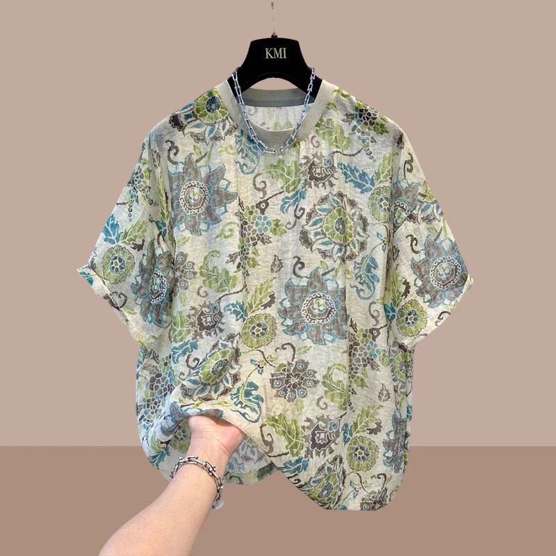 2025夏新款复古风印花轻薄微透短袖雪纺衫女上衣凉感宽松衬衫上衣