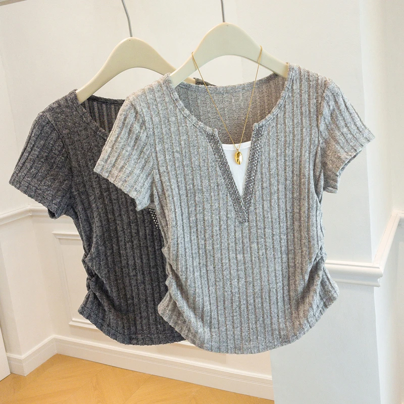 微胖mm大码女装爆款V领短袖t恤正肩上衣修身显瘦遮肚子减龄洋气