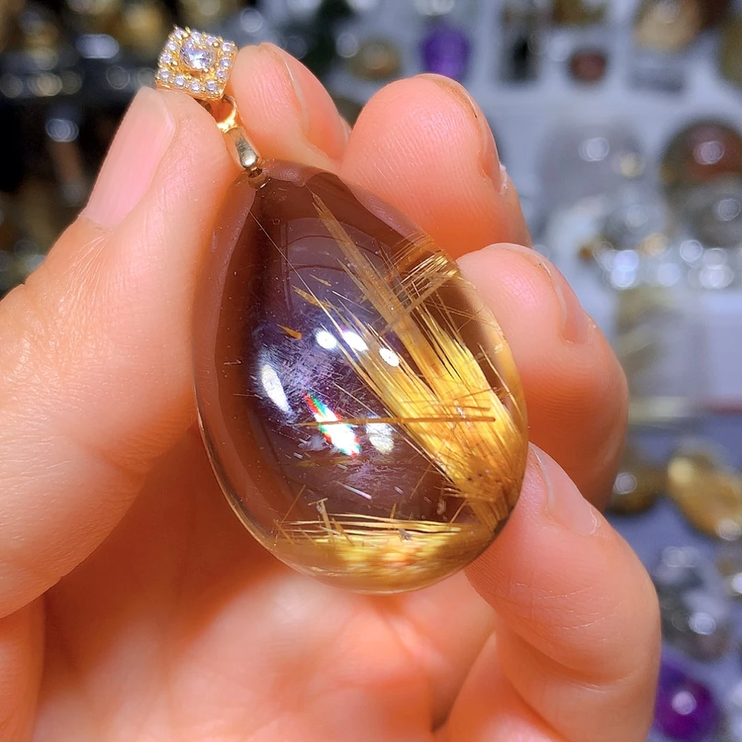 水晶吊坠银S925镀金镶嵌天然水晶