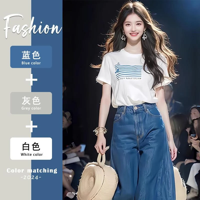 外贸原单女装时尚百搭白色印花短袖T恤法式小众小衫独特绝美上衣