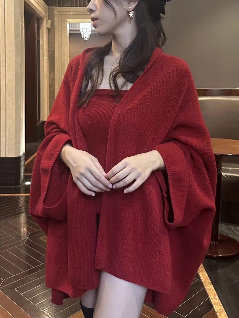 【妞妞同款】高端红色羊毛羊绒抹胸开衫外套披肩慵懒气质