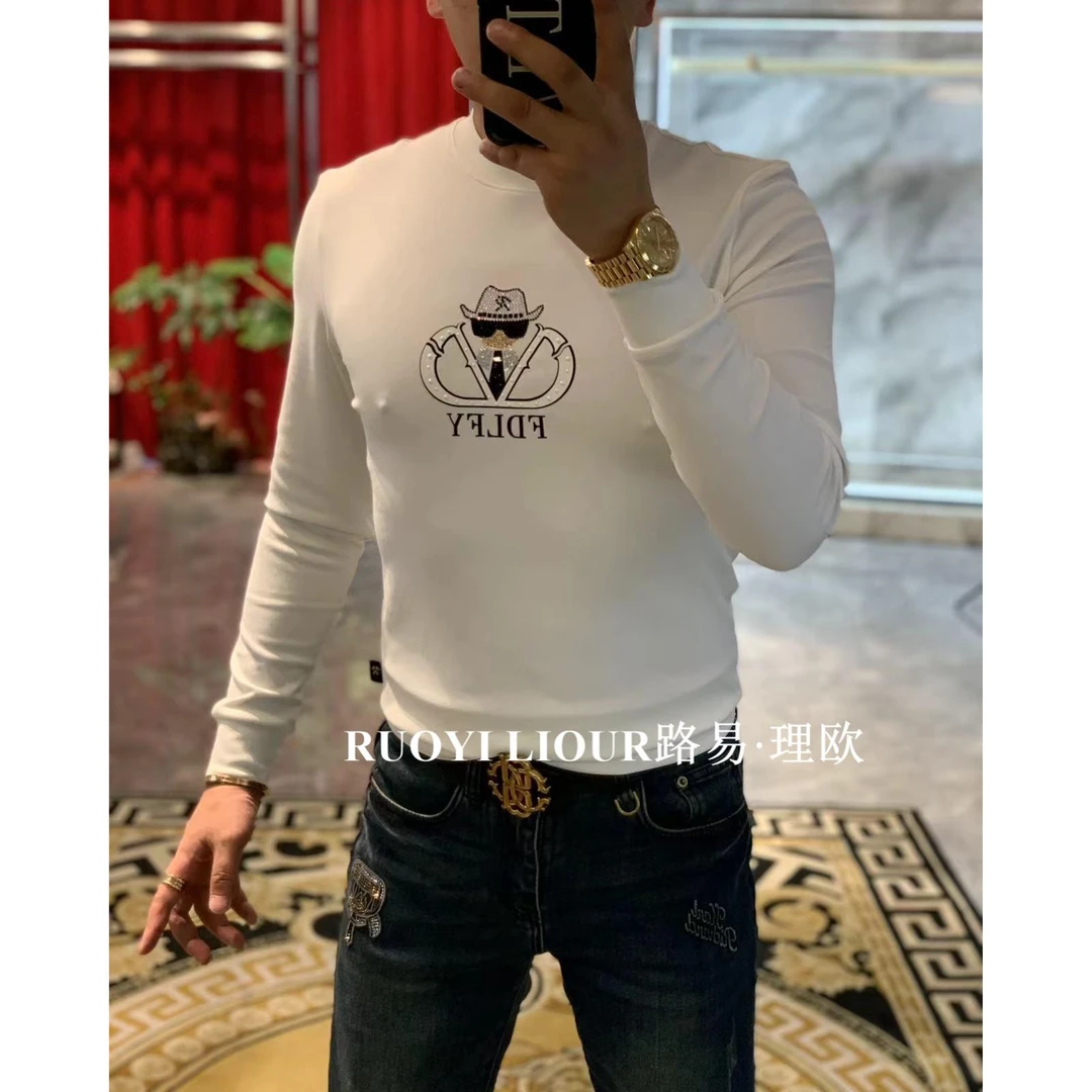 【路易理欧】2025欧货潮流休闲字母亮钻带帽老头百搭圆领T恤58187