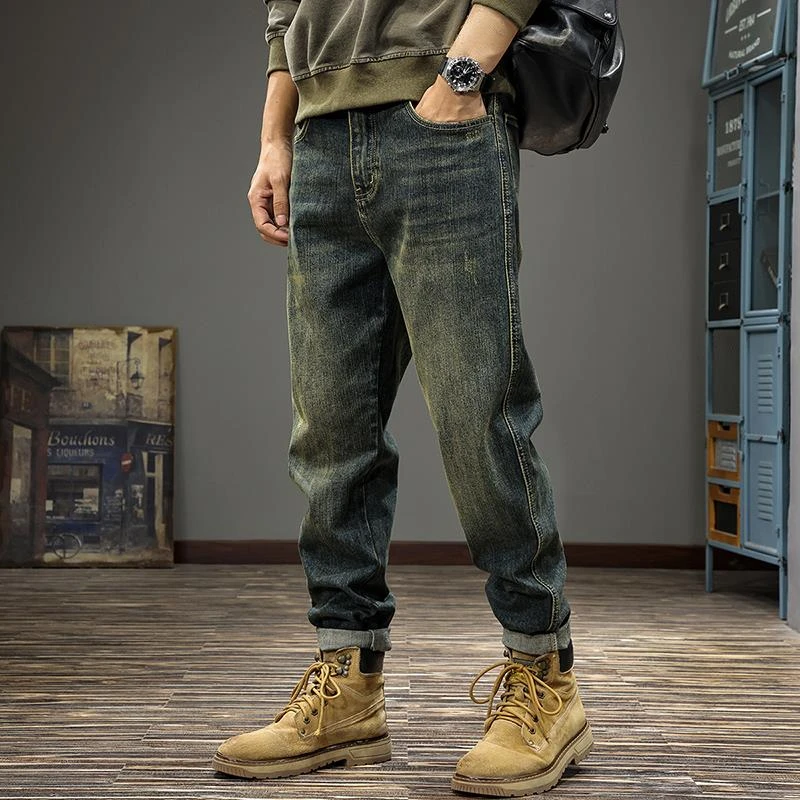 美式高街复古黄泥染水洗牛仔裤男秋季新款宽松爆款重磅直筒长裤潮