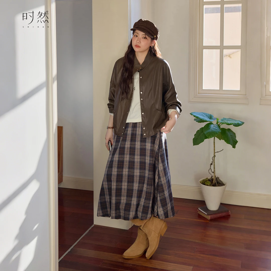 时然【步履清风】微胖大码女装高腰宽松裙摆遮肉显瘦减龄格子花苞裙