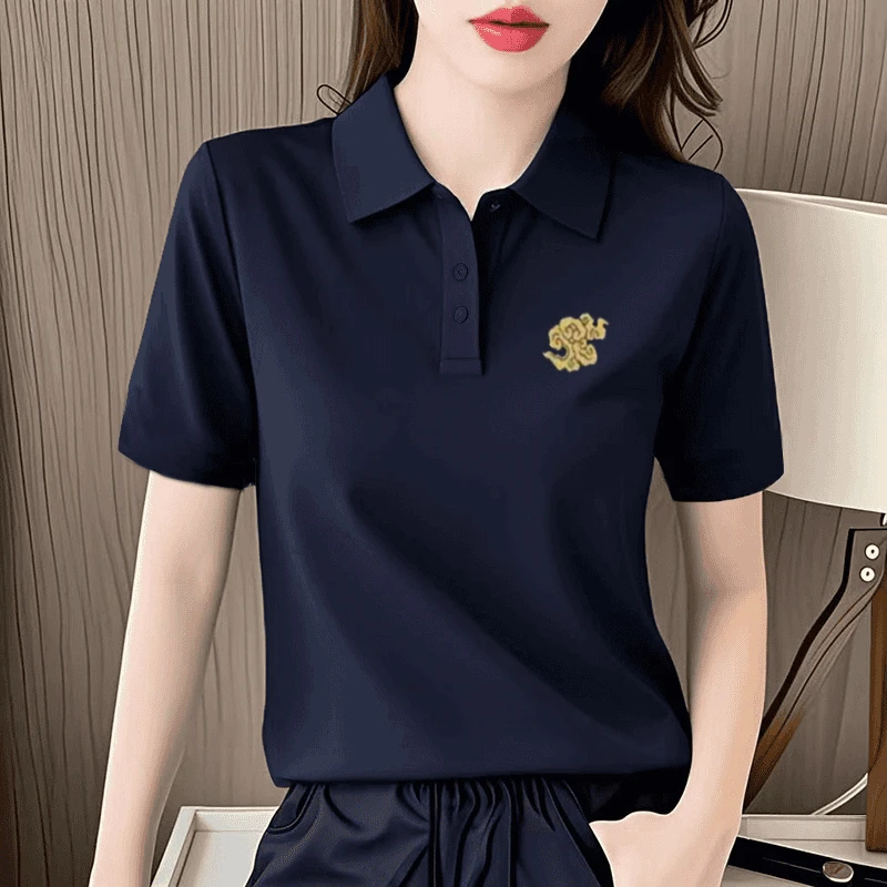 2025新款夏季大码藏青色外穿polo短袖t恤女装洋气正肩宽松打底衫