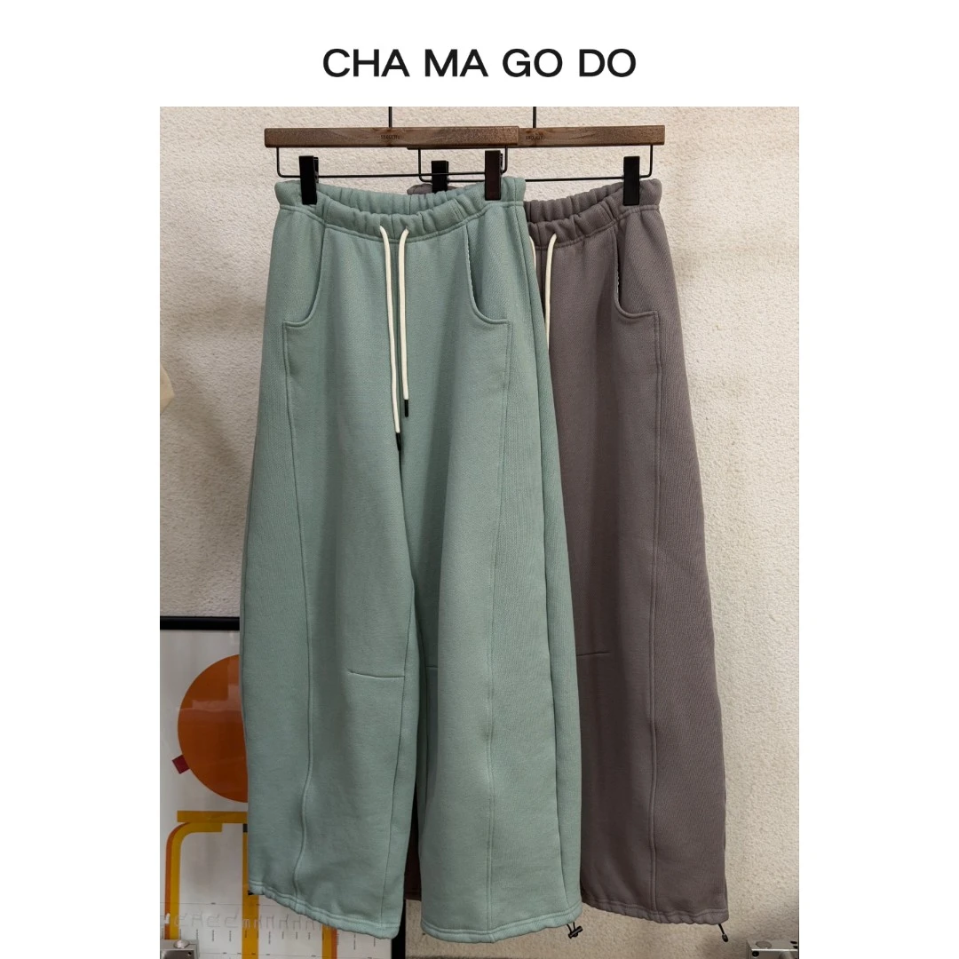 CHA MA GO DO松紧腰抽绳绿色加绒韩系彩色卫裤