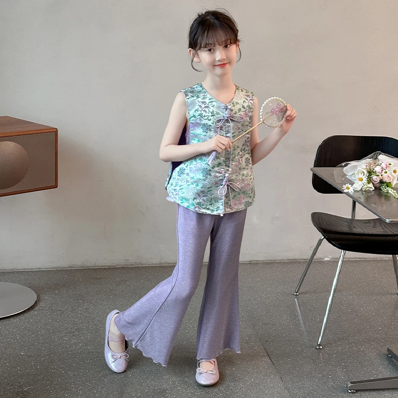 女童2025夏季新款洋气儿童新中式马甲背心喇叭裤古风三件套夏装潮