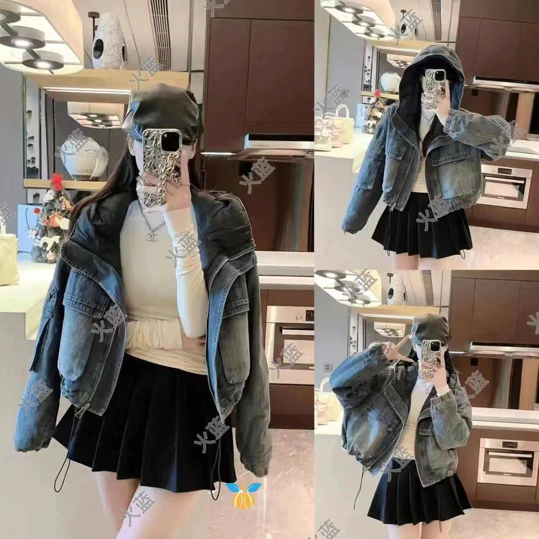 【火蓝家】牛仔拼接连帽羽绒服洋气两穿冬季新款白鸭绒外套面包服潮