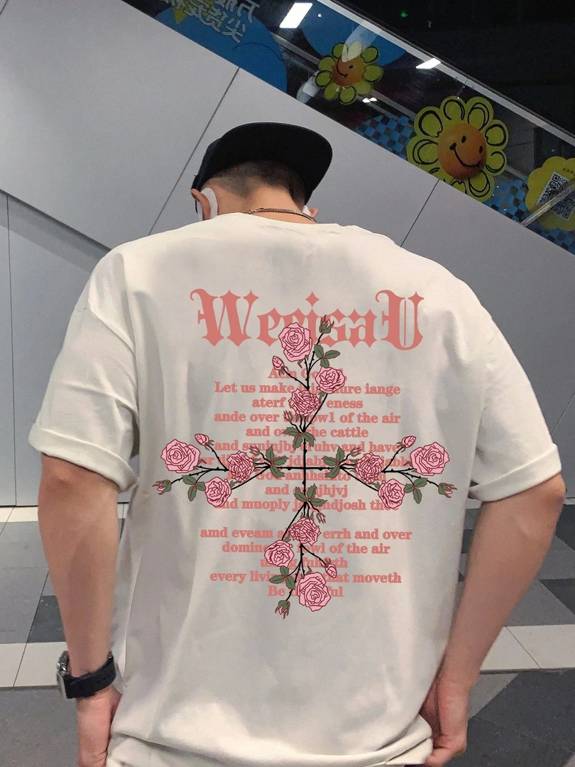 特大码300斤男玫瑰花卉白色纯棉情侣美式大码宽松短袖t恤体恤上衣