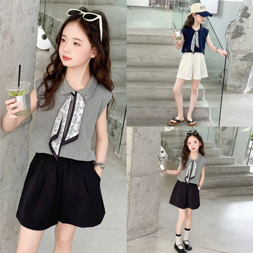 女童polo衫背心t恤夏季套装2025新款女孩短裤大童韩版休闲两件套