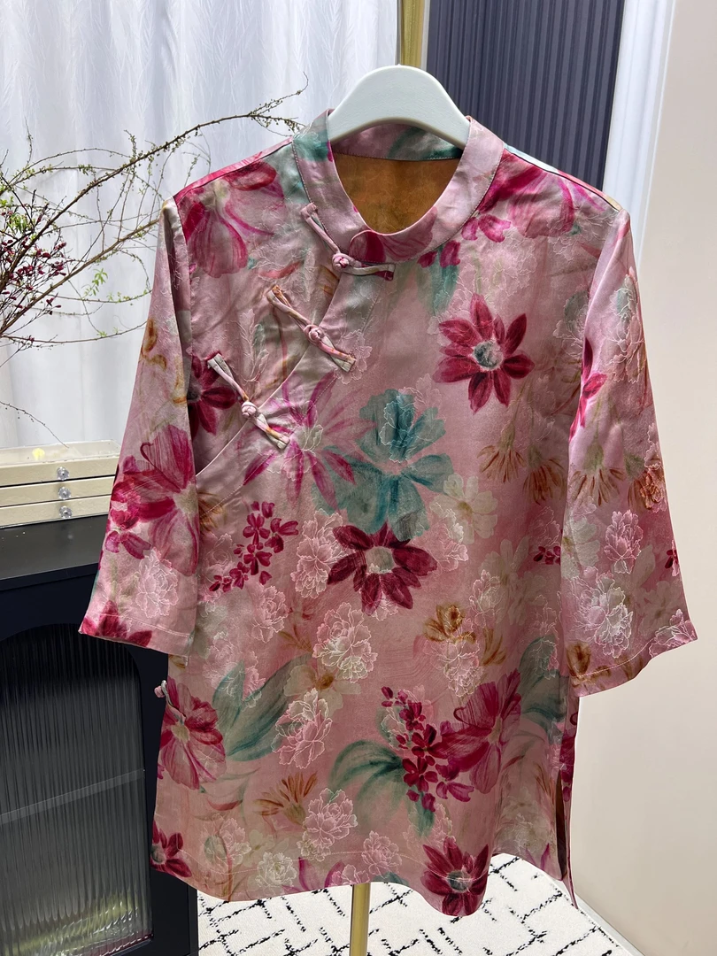 太阳花新中式立领斜襟盘扣上衣衬衫