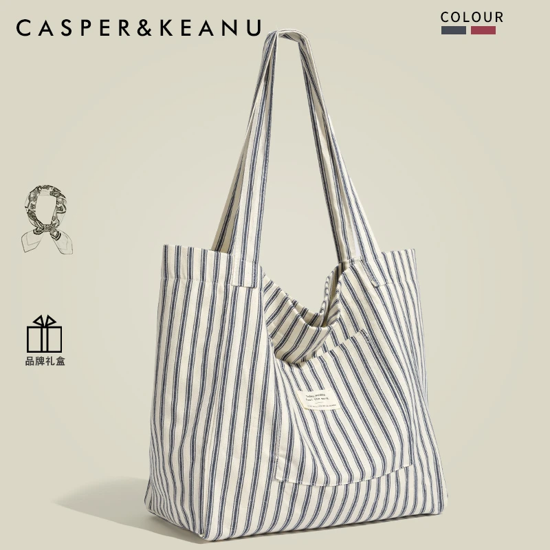 CASPER&KEANU日系条纹帆布包女生2025新款慵懒风大容量上课通勤包