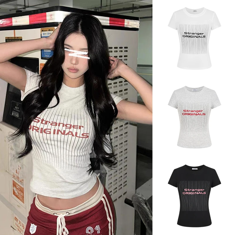 Moses Queen/魔西女王美式复古字母印花正肩短袖t恤修身辣妹上衣