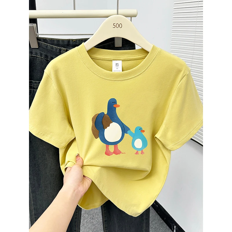 正肩大码胖mm显瘦短袖T恤女夏季新款时尚圆领小鸭子印花半袖上衣