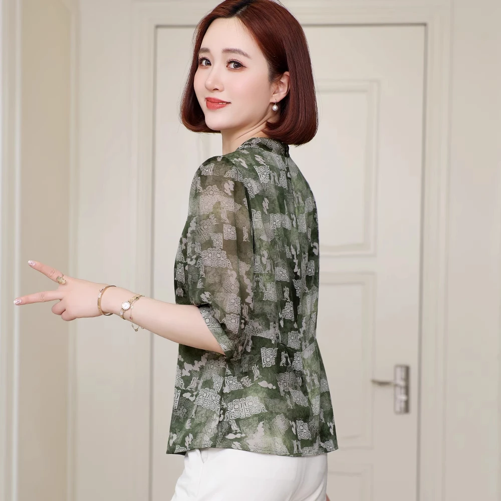 真丝衬衫女夏季短袖印花2025新款气质小衫正宗杭州丝绸桑蚕丝上衣