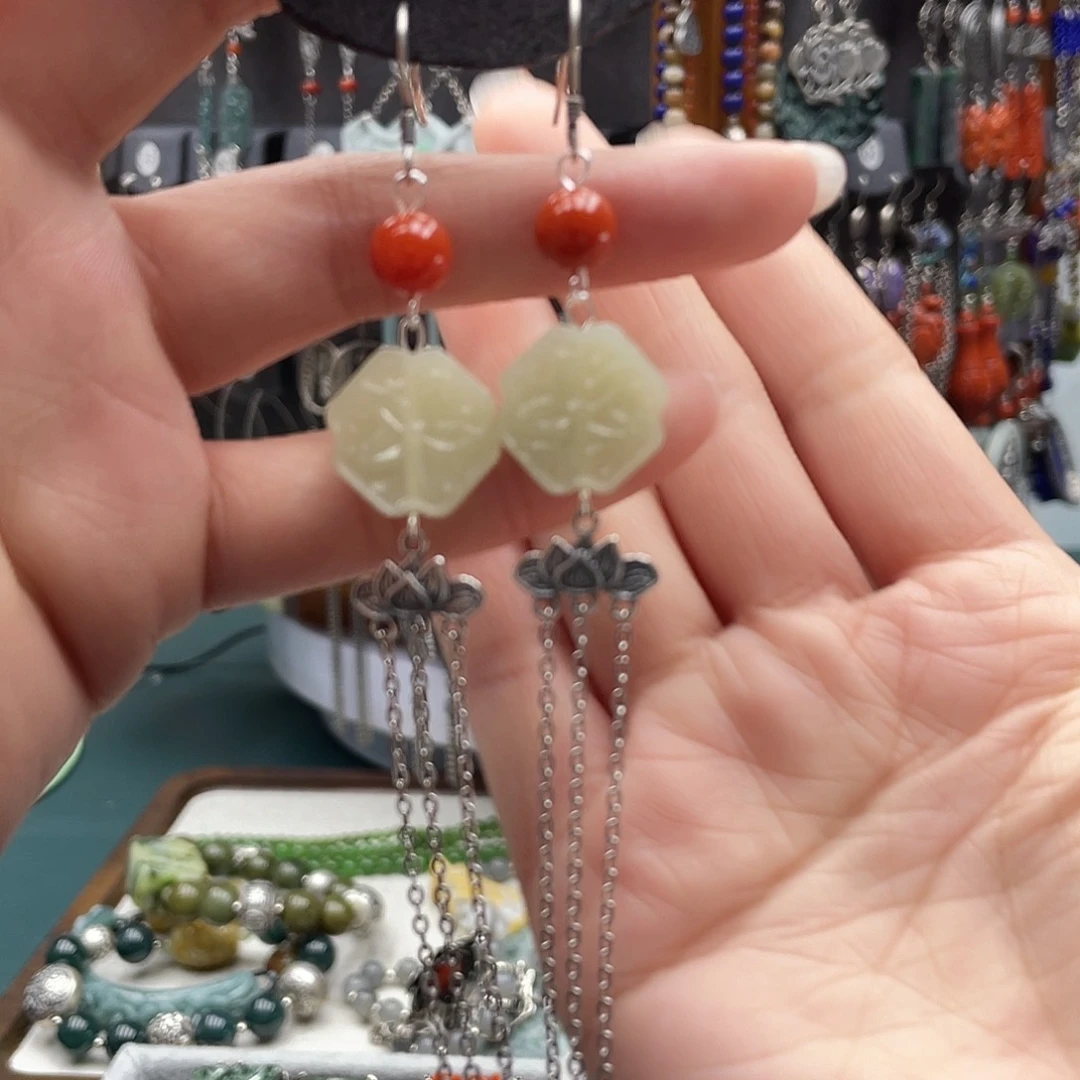 和田玉耳饰银S925镶嵌饰品