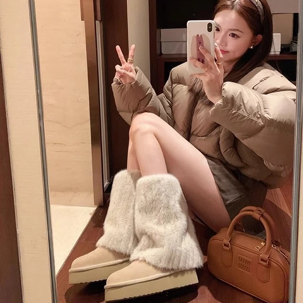 〖淑女家〗葡萄妈新款圆头毛毛保暖加绒加厚底雪地靴女堆堆袜靴女