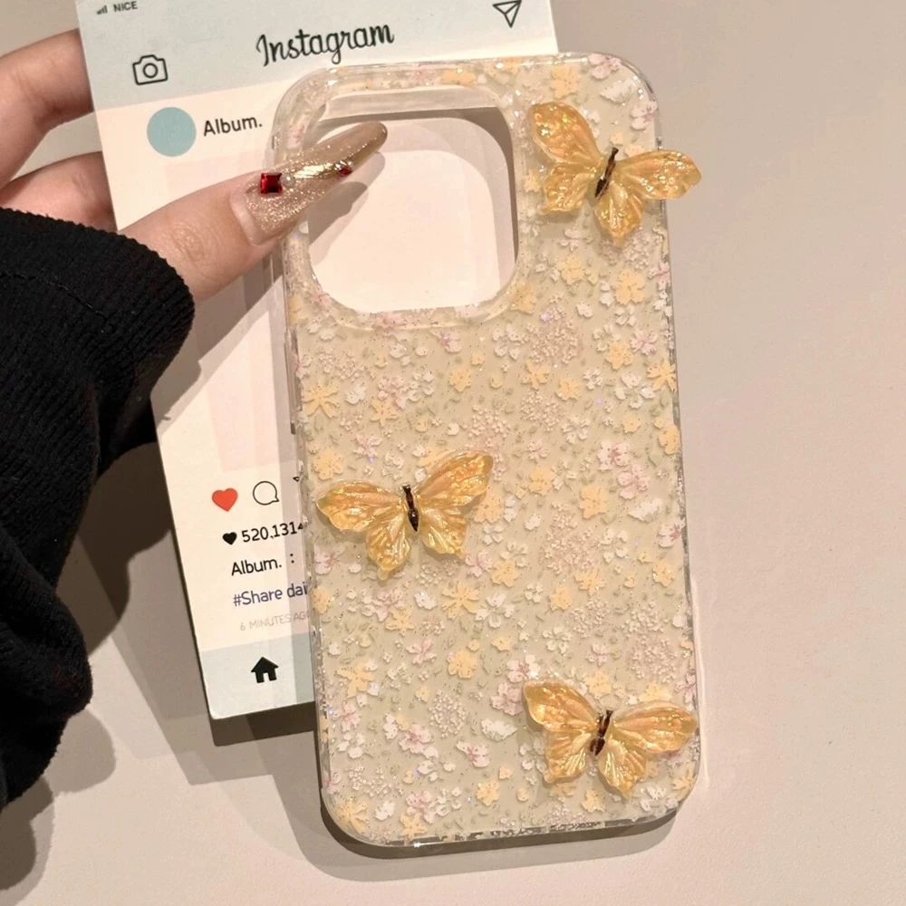 ins小众碎花立体蝴蝶适用Phone16promax手机壳苹果15promax/14pro