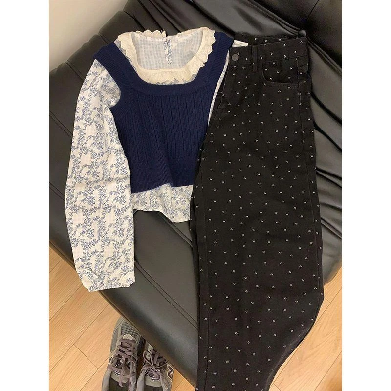 春季套装女装穿搭2025新款韩版碎花上衣复古马甲显瘦牛仔裤三件套