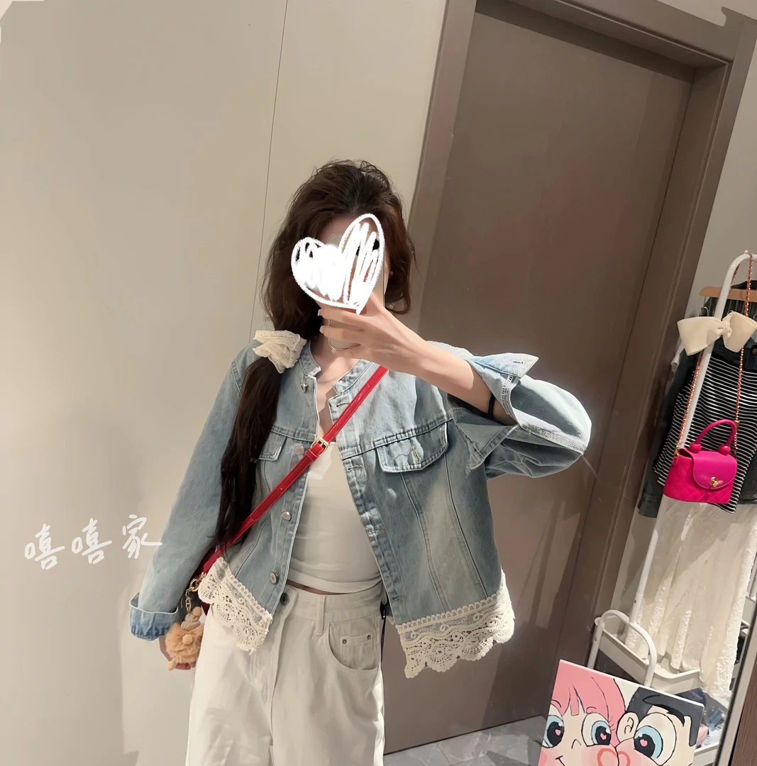 韩系蕾丝花边拼接做旧牛仔外套女2025春季新款圆领休闲短款上衣