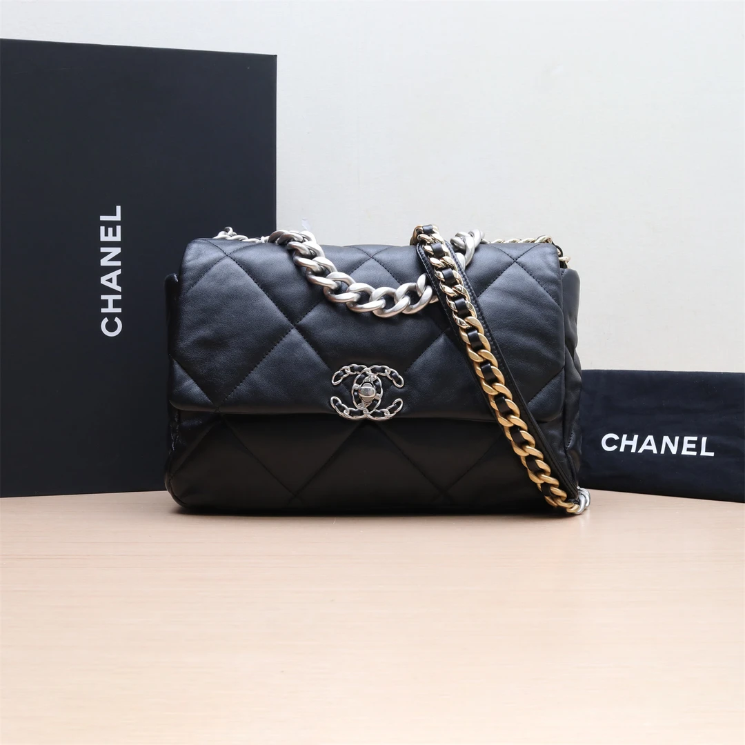 95新 Chanel/香奈儿 【双双】19BAG 口盖包 中号 芯片开 银扣