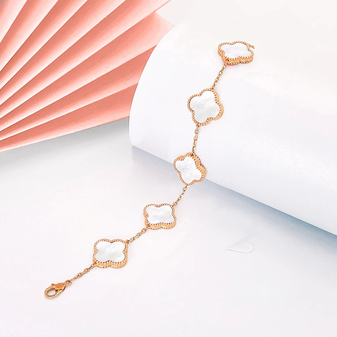 MAYVAN/美翻18K金五花四叶草手链镶嵌白贝母AU750彩金（重金版）女